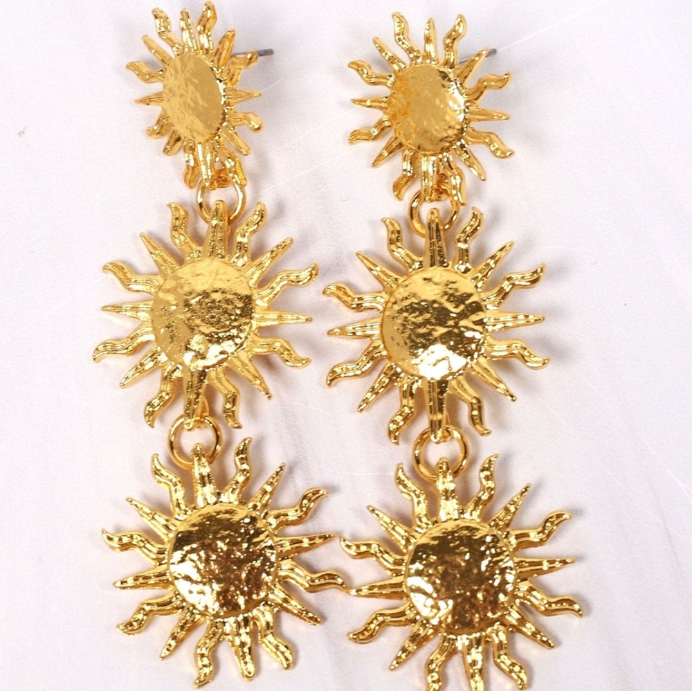 Gold Tone Three Tier Sunshine Metal Metal  Earrings